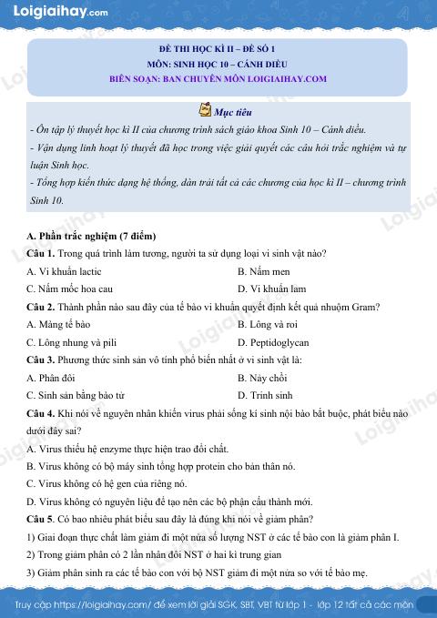 10 đề thi học kì 2 Sinh 10 Cánh diều có đáp án và lời giải chi tiết